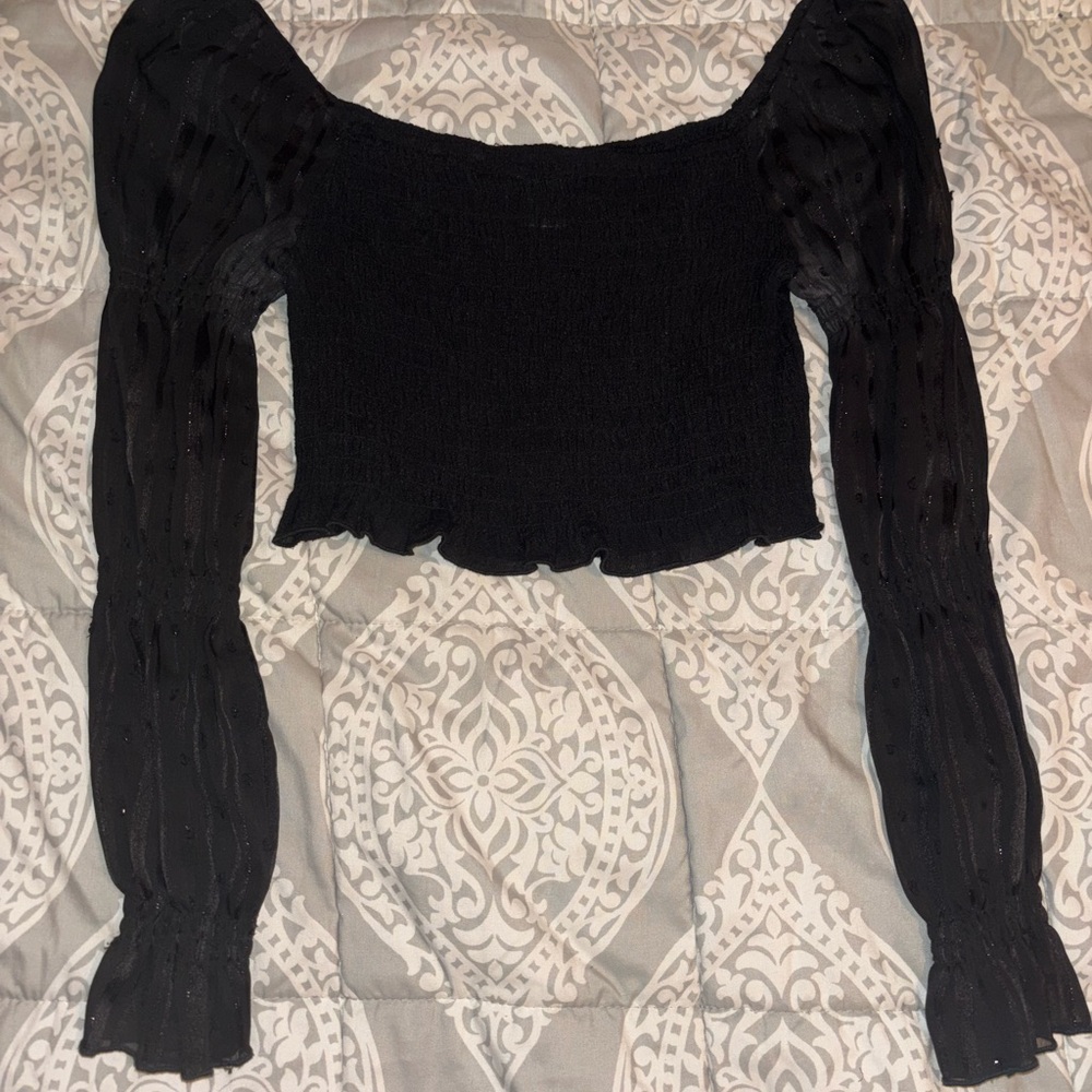 Black Sheer Puff Sleeve Smocked Crop Top